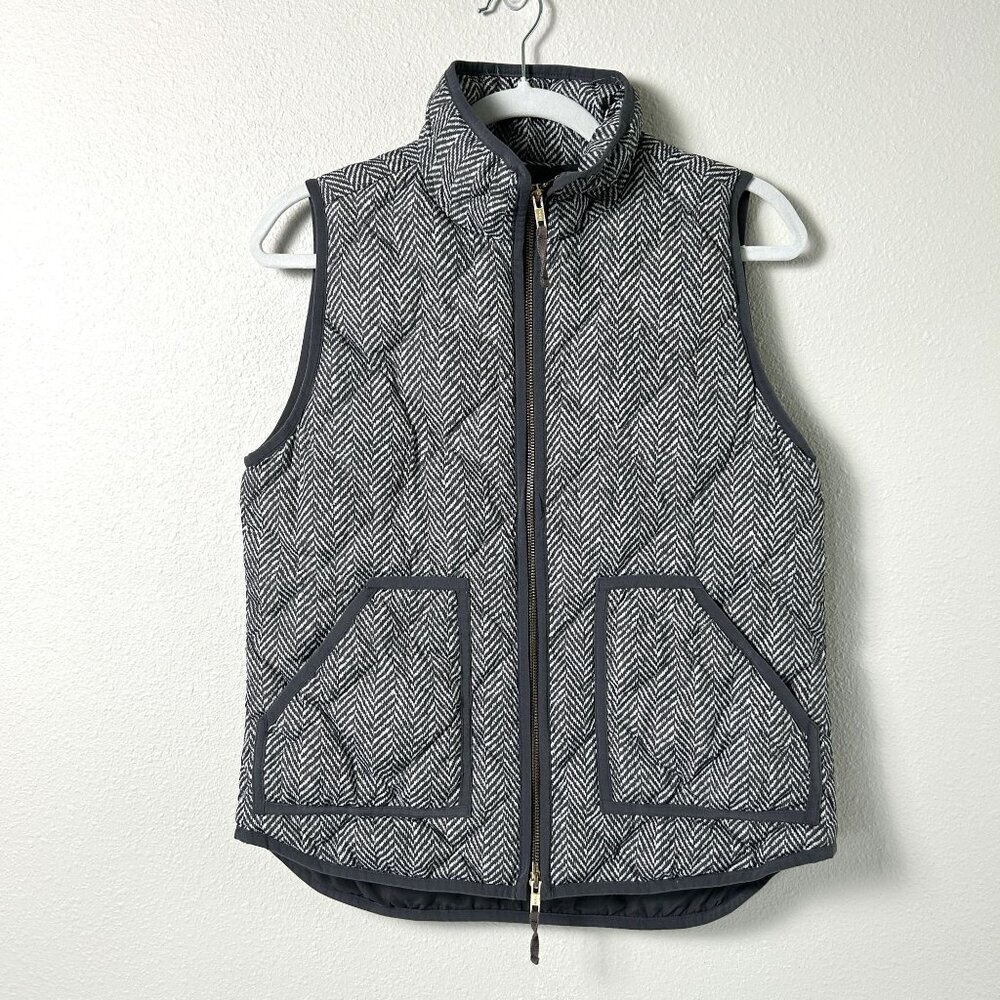 J Crew Quilted Puffer Vest Womens Size S Gray Herringbone Full Zip Pockets 02533